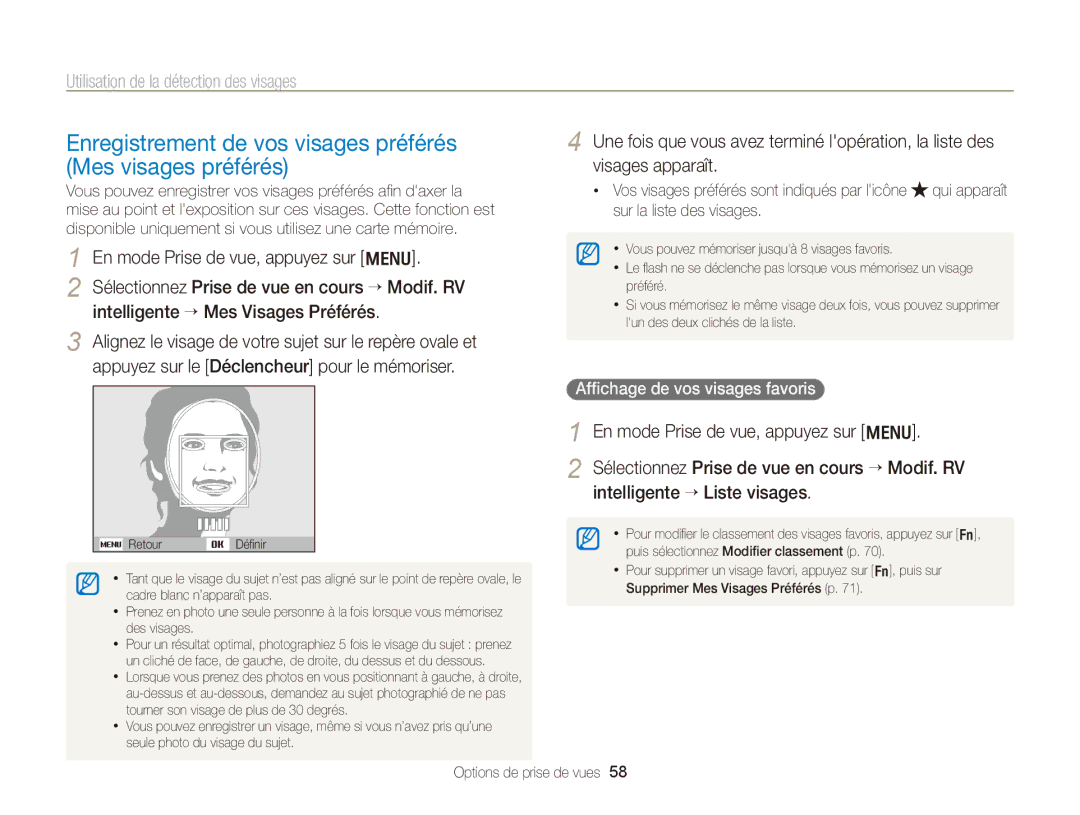 Samsung EC-PL170ZDPBZA Enregistrement de vos visages préférés Mes visages préférés, Affichage de vos visages favoris  